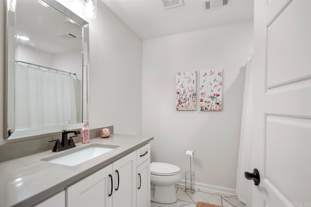 full bath with marble finish floor, visible vents, toilet, vanity, and baseboards