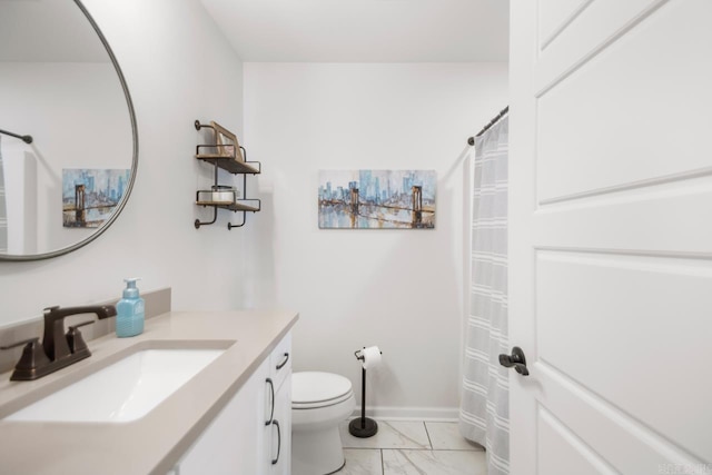 full bath with toilet, vanity, baseboards, marble finish floor, and a shower with curtain