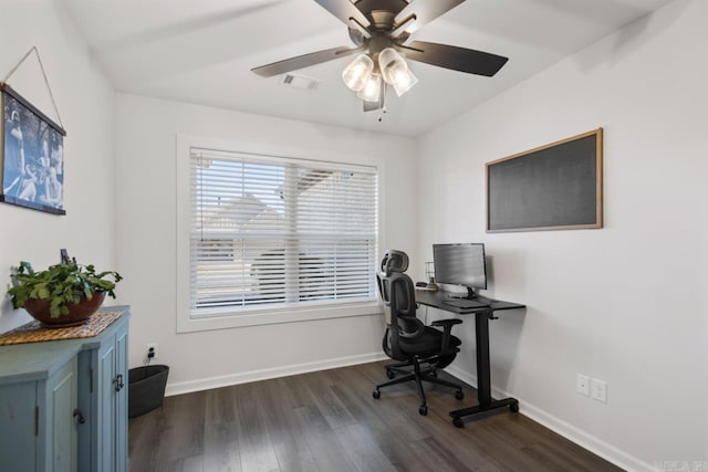 office area featuring dark wood-style floors, visible vents, baseboards, and a ceiling fan