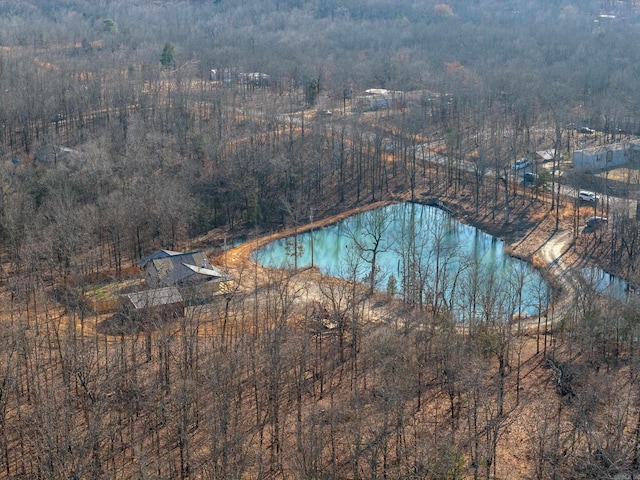 drone / aerial view with a water view and a forest view