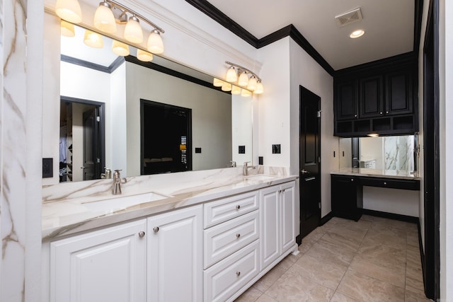 full bathroom featuring double vanity, crown molding, visible vents, and a sink