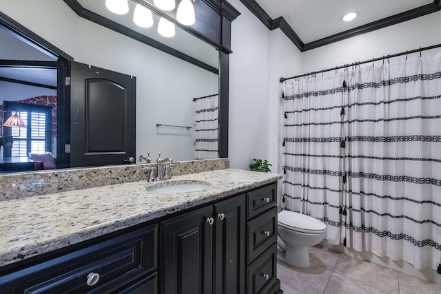 full bath featuring toilet, tile patterned floors, vanity, a shower with curtain, and crown molding