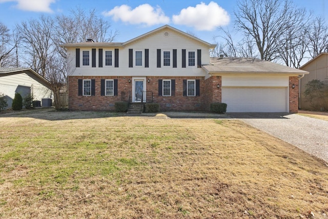 colonial home with central air condition unit, a garage, crawl space, a front yard, and gravel driveway