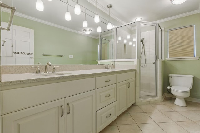 full bath featuring tile patterned flooring, a sink, toilet, and crown molding