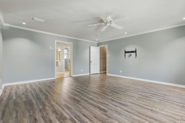 unfurnished room featuring crown molding, recessed lighting, ceiling fan, wood finished floors, and baseboards