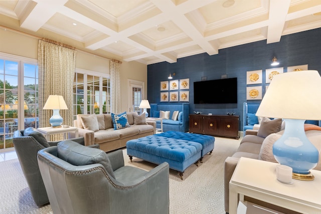 living room with an accent wall, beamed ceiling, coffered ceiling, and wallpapered walls