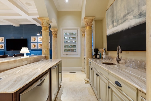 bar with crown molding, ornate columns, a sink, coffered ceiling, and baseboards