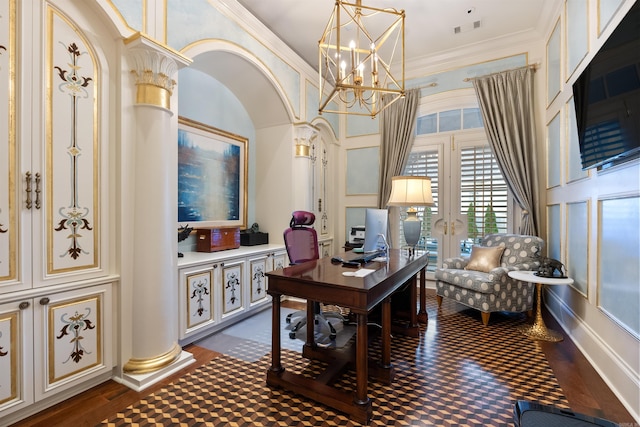 office space featuring ornate columns, ornamental molding, visible vents, and a decorative wall