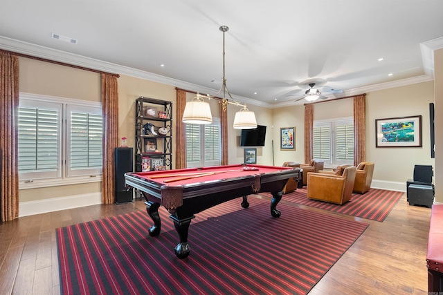 game room with billiards, wood finished floors, baseboards, visible vents, and crown molding