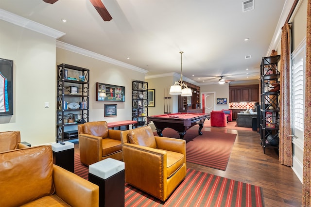 rec room with crown molding, visible vents, ceiling fan, wood finished floors, and billiards