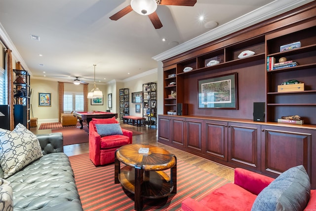 living room featuring recessed lighting, visible vents, ornamental molding, and pool table