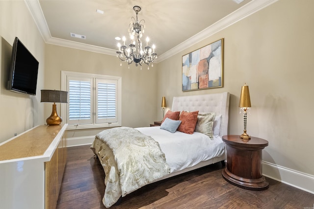 bedroom with dark wood-style floors, visible vents, crown molding, and baseboards