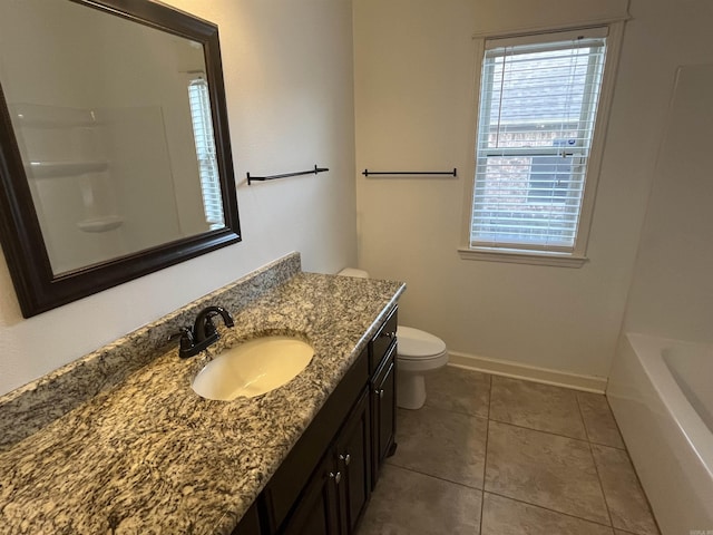 full bath with baseboards, toilet, a bathing tub, tile patterned floors, and vanity