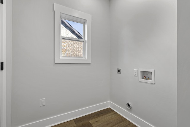 laundry room featuring laundry area, baseboards, dark wood-style floors, hookup for a washing machine, and hookup for an electric dryer