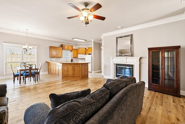 living area featuring ornamental molding, a glass covered fireplace, light wood-type flooring, baseboards, and ceiling fan with notable chandelier