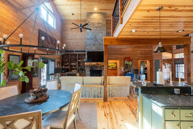 kitchen featuring green cabinets, a stone fireplace, wood walls, and wood ceiling