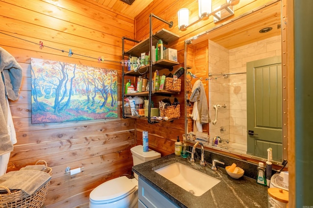 bathroom featuring shower / washtub combination, toilet, wood ceiling, wooden walls, and vanity