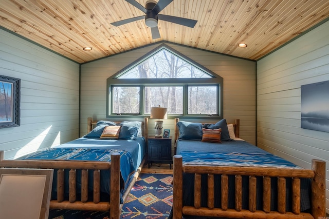 bedroom with lofted ceiling, wooden ceiling, a ceiling fan, and recessed lighting