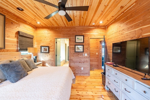 bedroom featuring wooden walls, recessed lighting, wooden ceiling, and light wood-style flooring