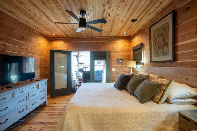 bedroom featuring wooden walls, wooden ceiling, access to exterior, light wood-style floors, and recessed lighting