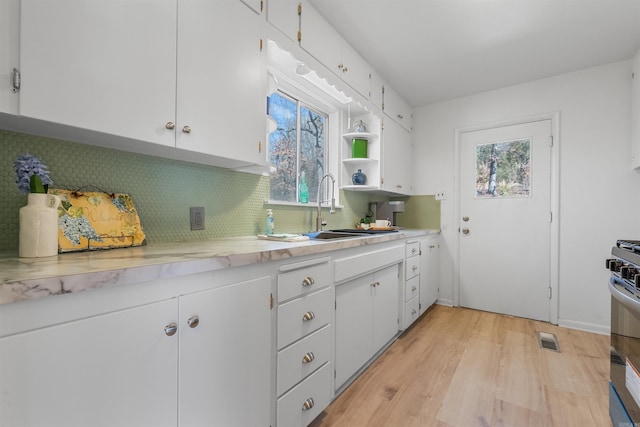 kitchen with white cabinets, visible vents, light countertops, and a sink