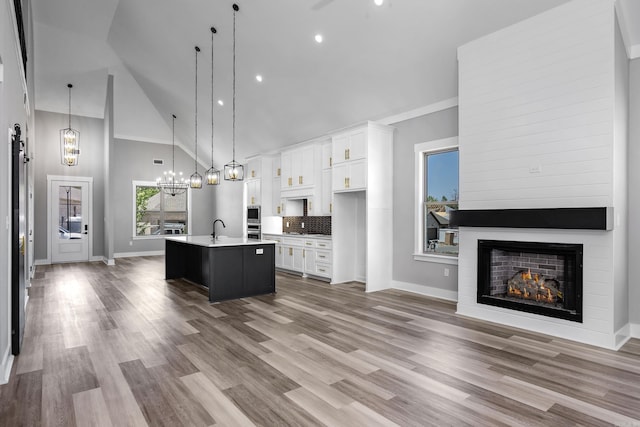 kitchen with a large fireplace, a kitchen island with sink, open floor plan, and wood finished floors