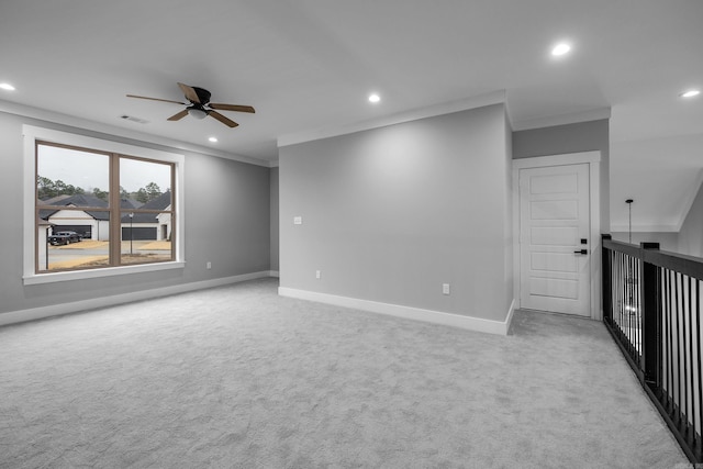 unfurnished room with light carpet, baseboards, visible vents, and recessed lighting