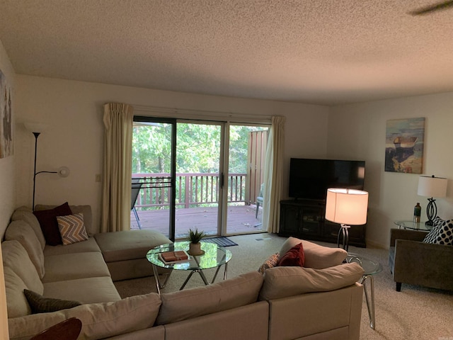 carpeted living room featuring a textured ceiling