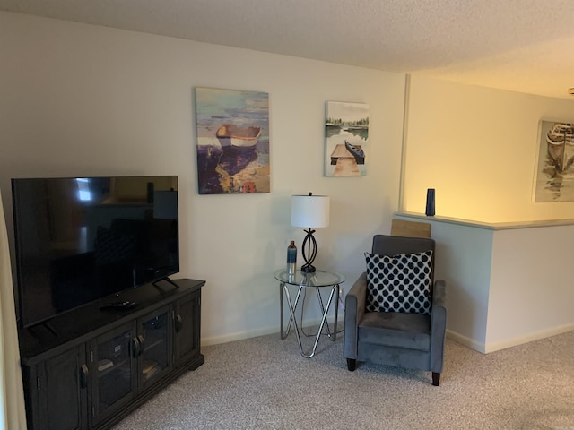 sitting room with light carpet, baseboards, and a textured ceiling