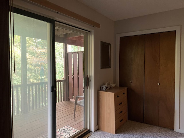 doorway featuring light carpet