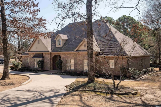 view of front of house with concrete driveway, roof with shingles, and brick siding