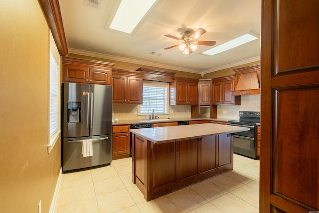 kitchen featuring ornamental molding, custom exhaust hood, light countertops, black appliances, and a sink