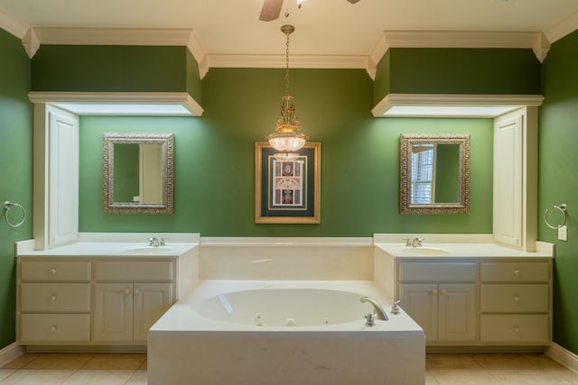 bathroom featuring a jetted tub, two vanities, and crown molding