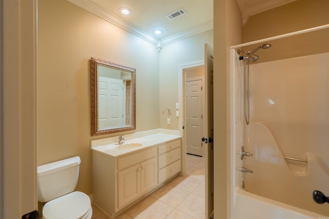 bathroom with crown molding, visible vents, toilet, vanity, and  shower combination