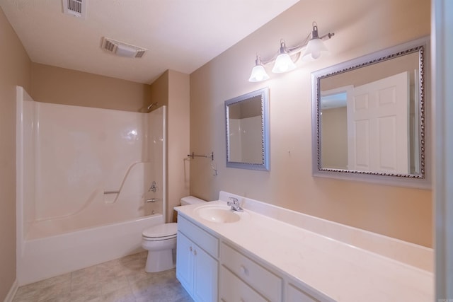 full bath featuring toilet, visible vents, tub / shower combination, and vanity