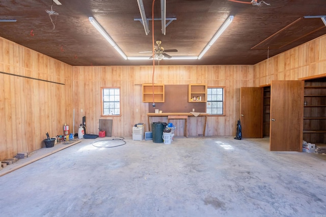 garage with wood walls