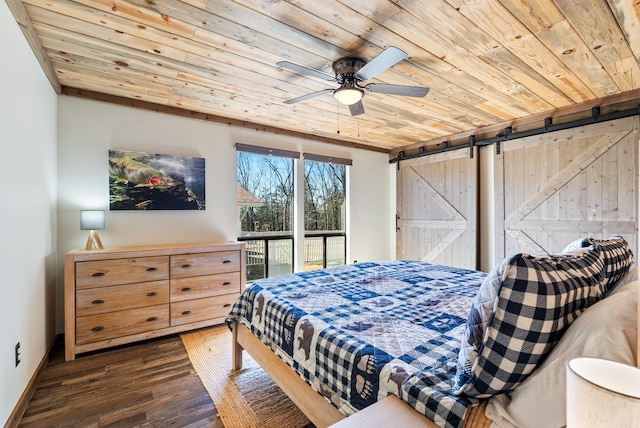 bedroom with a barn door, baseboards, wooden ceiling, wood finished floors, and access to outside