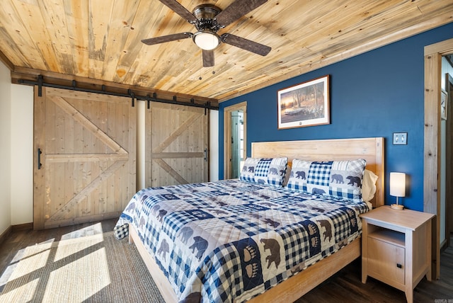 bedroom with a ceiling fan, wood finished floors, wooden ceiling, and a barn door