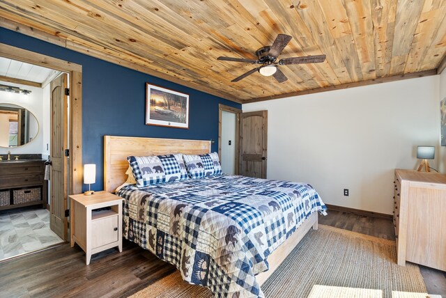 bedroom with a sink, wooden ceiling, wood finished floors, and baseboards