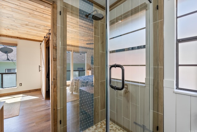 full bath with plenty of natural light, a shower stall, baseboards, and wood finished floors