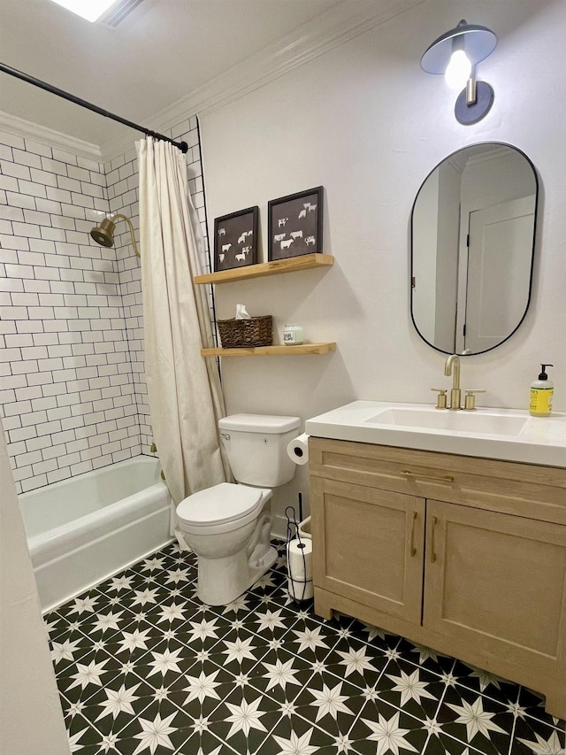 bathroom with toilet, ornamental molding, shower / bath combo, vanity, and tile patterned floors