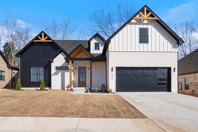 modern farmhouse style home featuring driveway, roof with shingles, board and batten siding, and brick siding