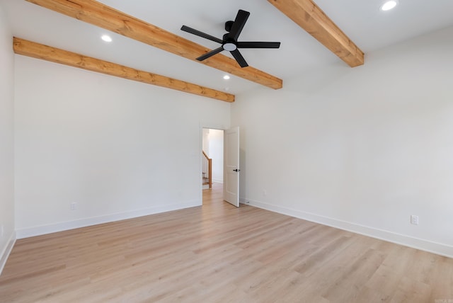 unfurnished room featuring recessed lighting, beamed ceiling, and baseboards