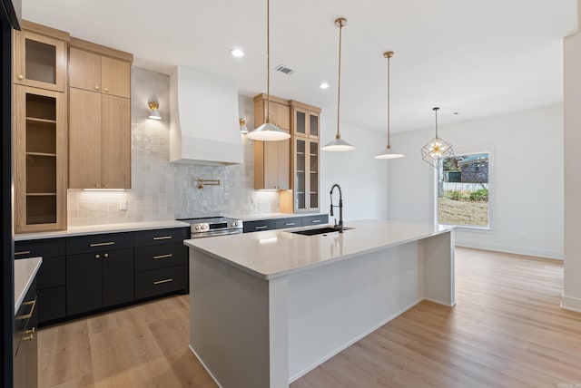 kitchen with light wood finished floors, visible vents, decorative backsplash, custom range hood, and a sink