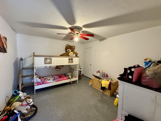 bedroom with a ceiling fan and speckled floor