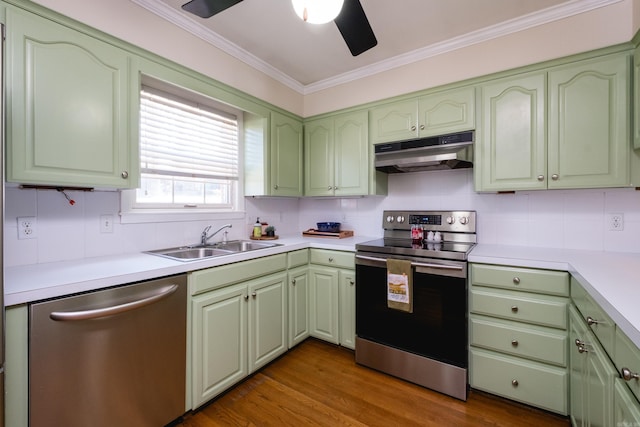 kitchen with appliances with stainless steel finishes, a sink, ceiling fan, green cabinetry, and under cabinet range hood