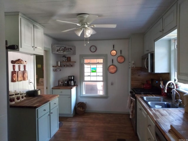 kitchen featuring ceiling fan, dark wood-type flooring, stainless steel appliances, wooden counters, and a sink