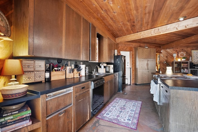 kitchen featuring wooden ceiling, a sink, brown cabinets, black appliances, and dark countertops