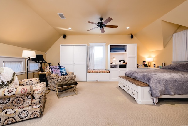 bedroom with lofted ceiling, recessed lighting, visible vents, a ceiling fan, and light carpet