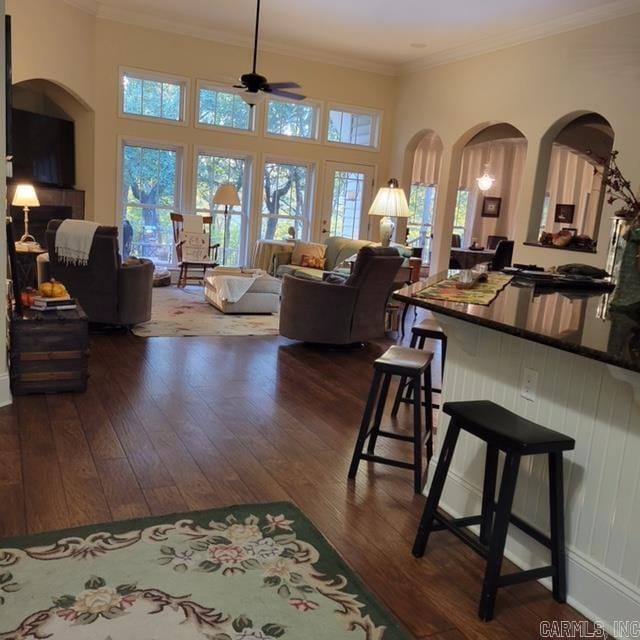 living room with ornamental molding, plenty of natural light, and dark wood finished floors